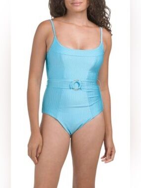 BECCA Monte Carlo Ribbed Oasis Blue 1 PC Swimsuit.Belted At Waist. Size Med NWT